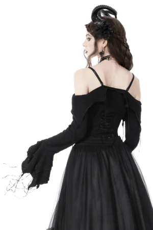 Black pleated off-shoulder gothic crop top with lace-up back closure and ruffle trim, back portrait view on model