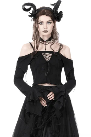 Black pleated off-shoulder gothic crop top with lace-up cutout and flared tassel sleeves, front view on model with horn headpiece