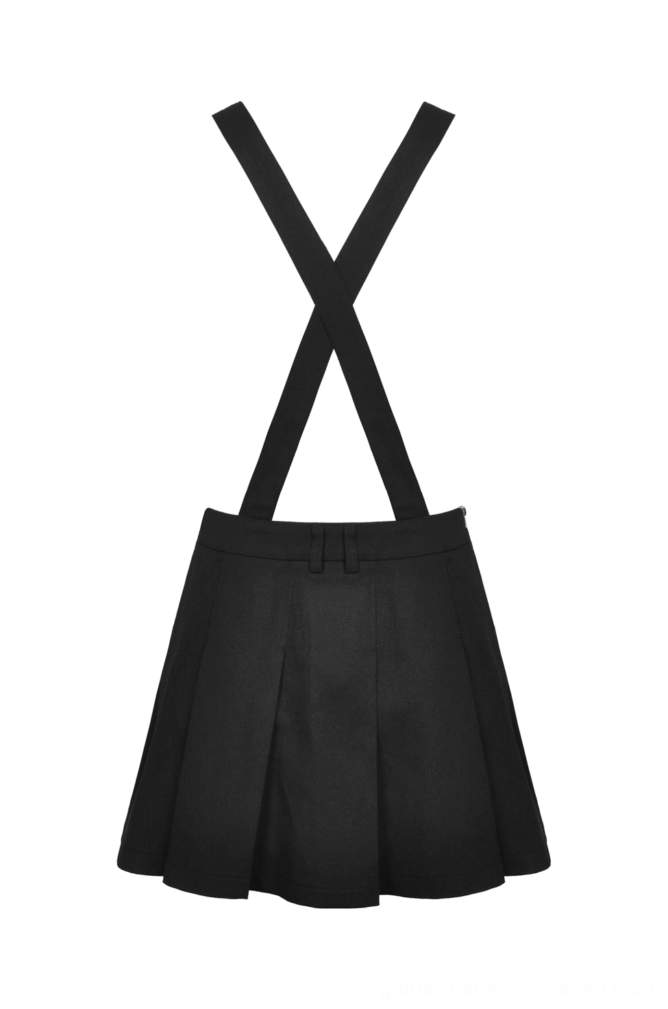 Standalone black gothic pleated pinafore dress rear view showing knife pleats and crisscross strap design