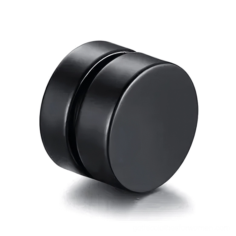 Matte black polished magnetic stud earring front view, round stainless steel no-pierce gothic design