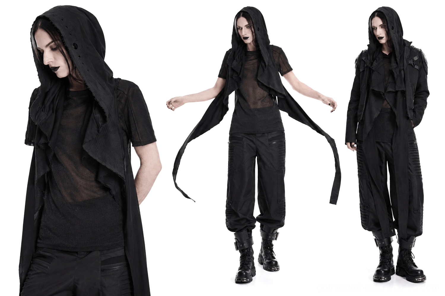 Black post-apocalyptic cape vest with spray-painted distressing, hooded sleeveless design with dramatic draping