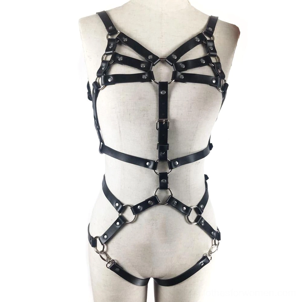 Black PU faux leather full-body harness displayed on torso mannequin, front view showing buckle adjustment system
