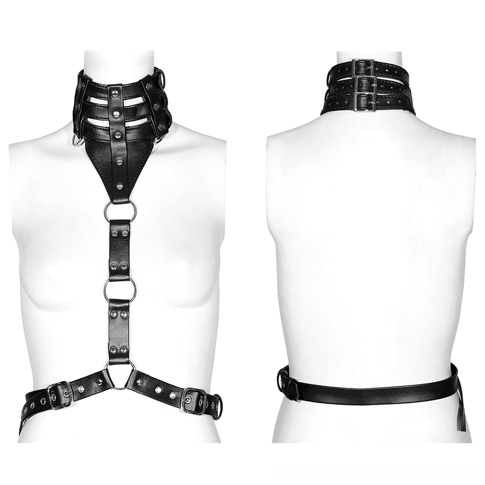 Black PU leather body harness front view on mannequin displaying adjustable straps and silver metal hardware details