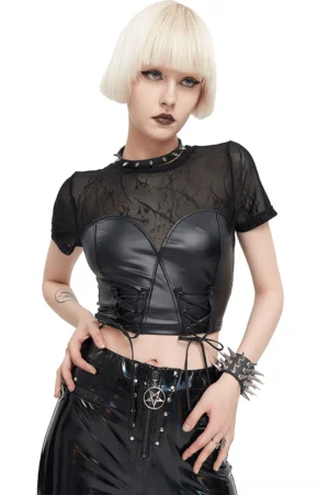 Black PU leather lace-up bustier crop top front view on model - gothic punk style with mesh lace sleeves and corset closure