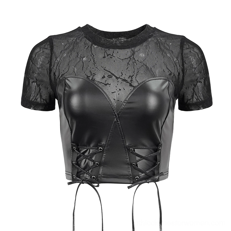 Black PU leather lace-up bustier crop top flat lay - front view with lace mesh sleeves and corset-style closure