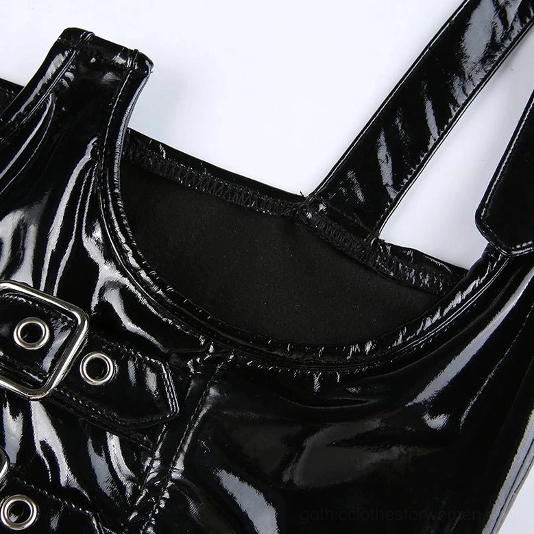 Black PU leather gothic bustier crop top styling detail, showcasing glossy leather texture and polished buckle hardware