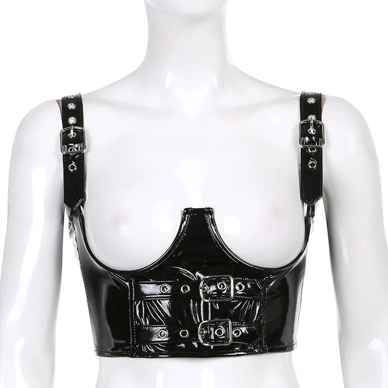 Black PU leather gothic crop camisole bustier on female mannequin, front close-up view with silver strap fasteners