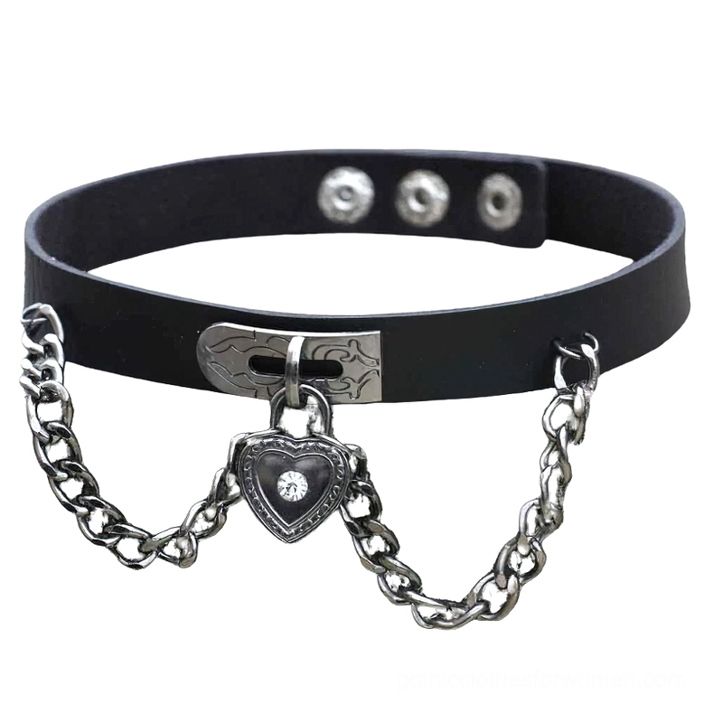 Black PU leather gothic choker necklace with heart-shaped lock pendant and silver chain - front flat lay view