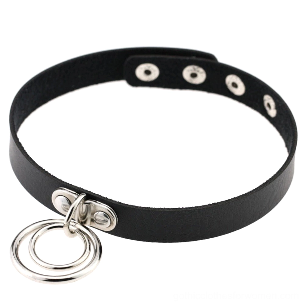 Black PU leather gothic choker necklace with metal rings, alternative fashion aesthetic