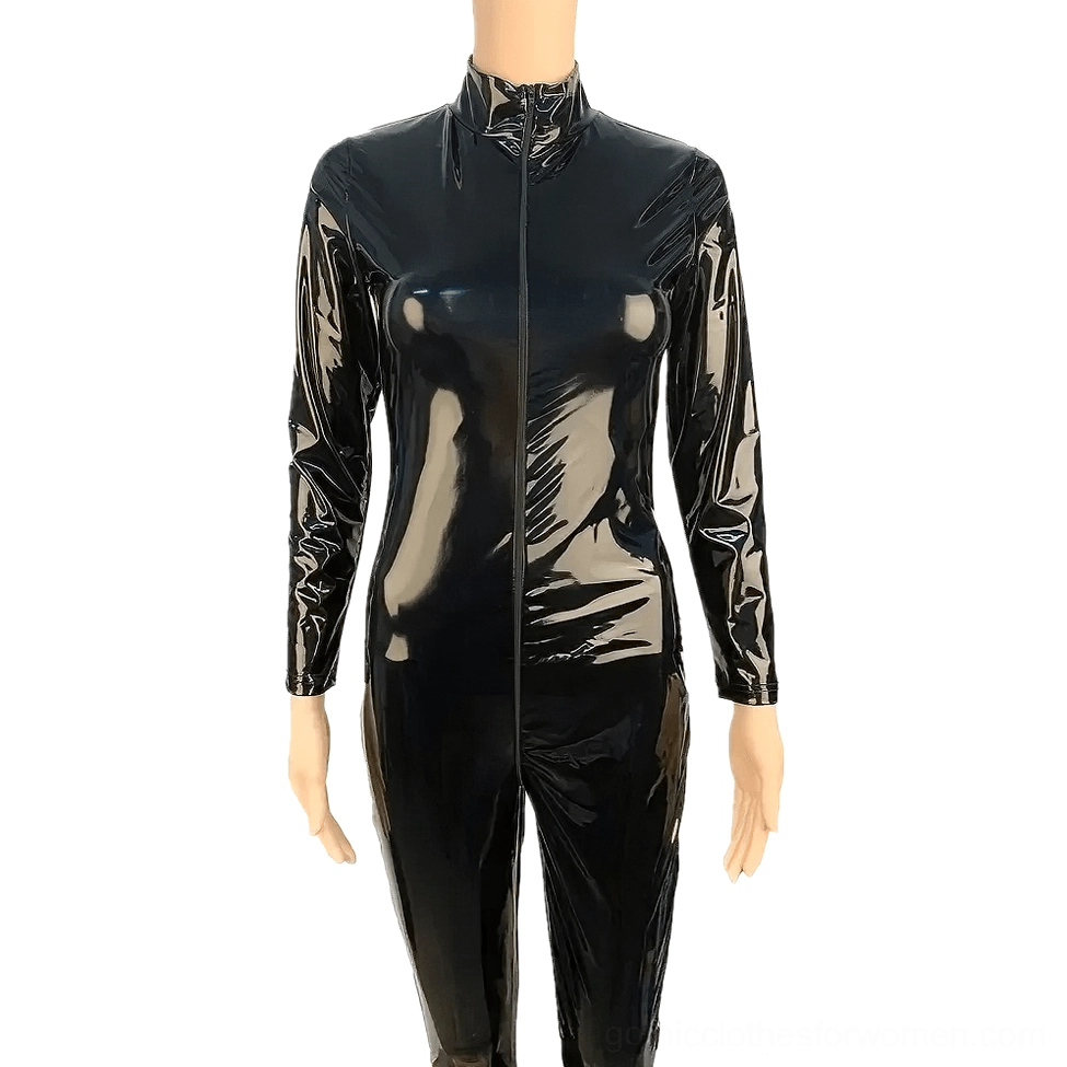 Black shiny PU leather gothic jumpsuit full front mannequin display, bodycon fit glossy finish