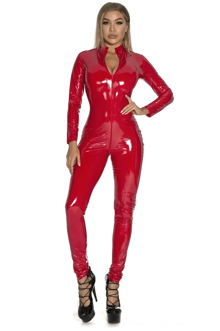 Black shiny PU leather gothic jumpsuit front close-up textile quality glossy finish detail