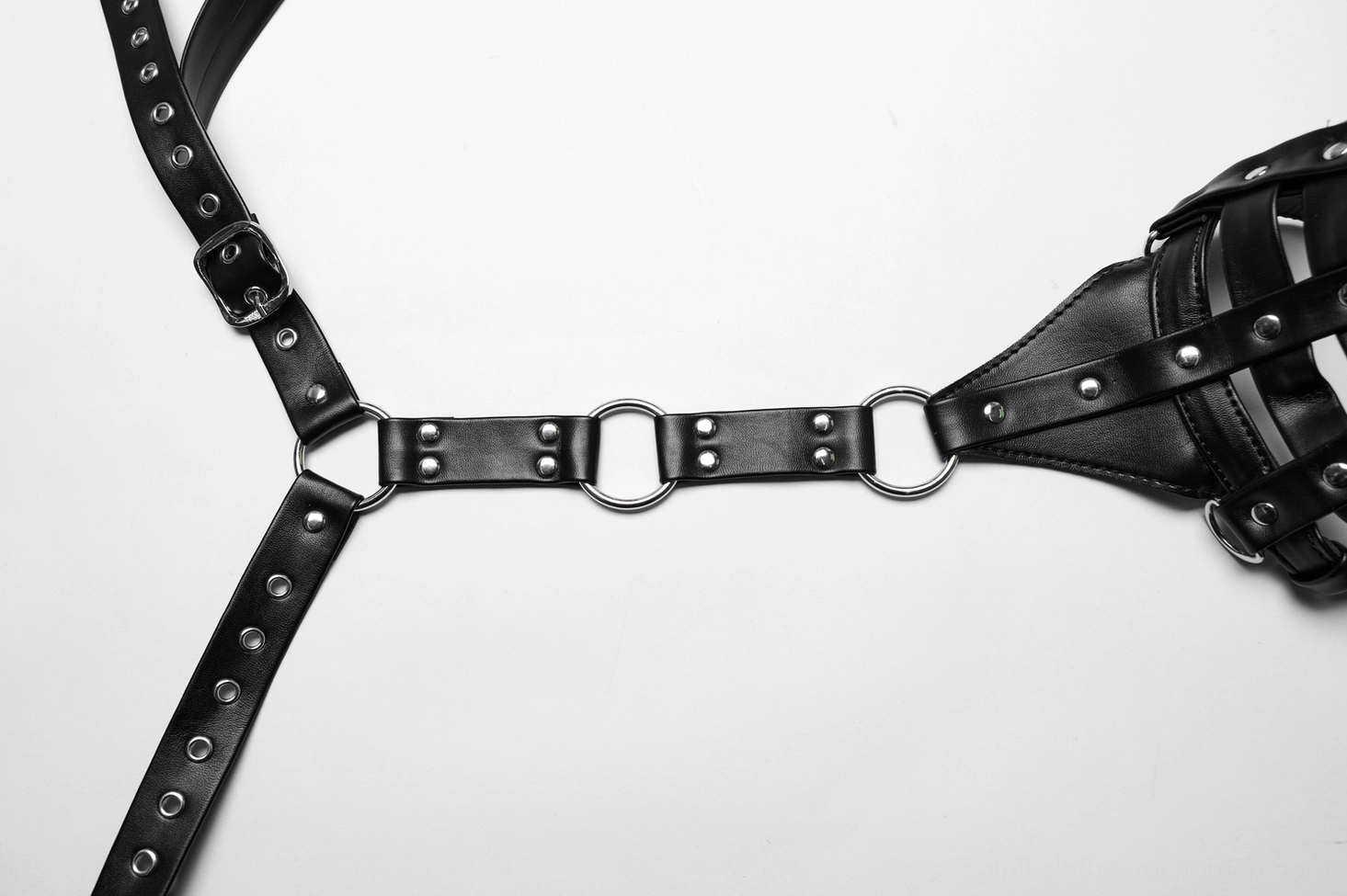 Black PU leather body harness with integrated choker for women, alternative fashion statement piece