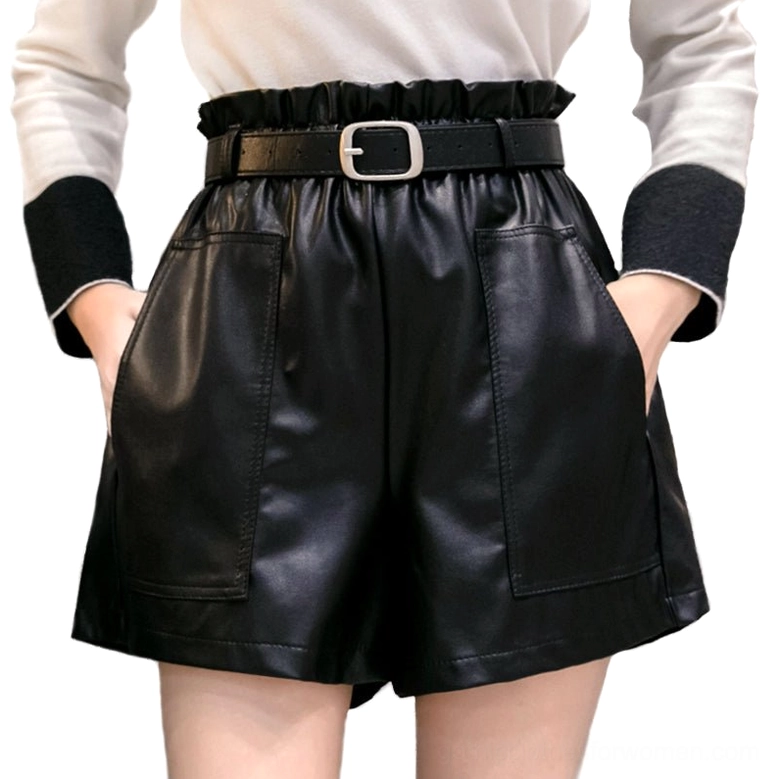 Black PU leather high-waist wide-leg shorts with paperbag waist and functional front pockets, front close-up detail view