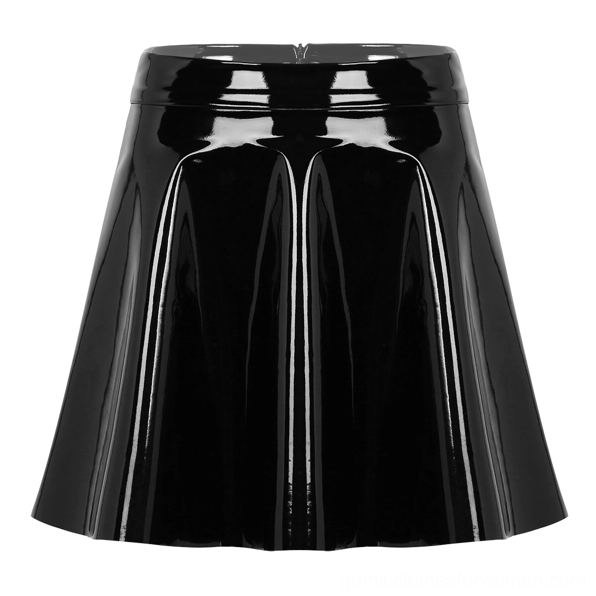 Black patent leather flared mini skirt flat lay front view, high waist empire design and neat waistband