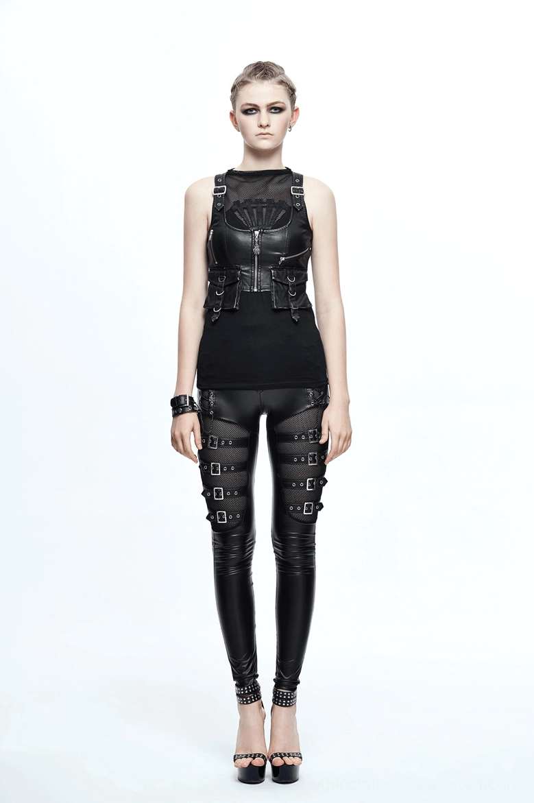Black PU leather steampunk vest front detail on model showing zipper and pocket placement
