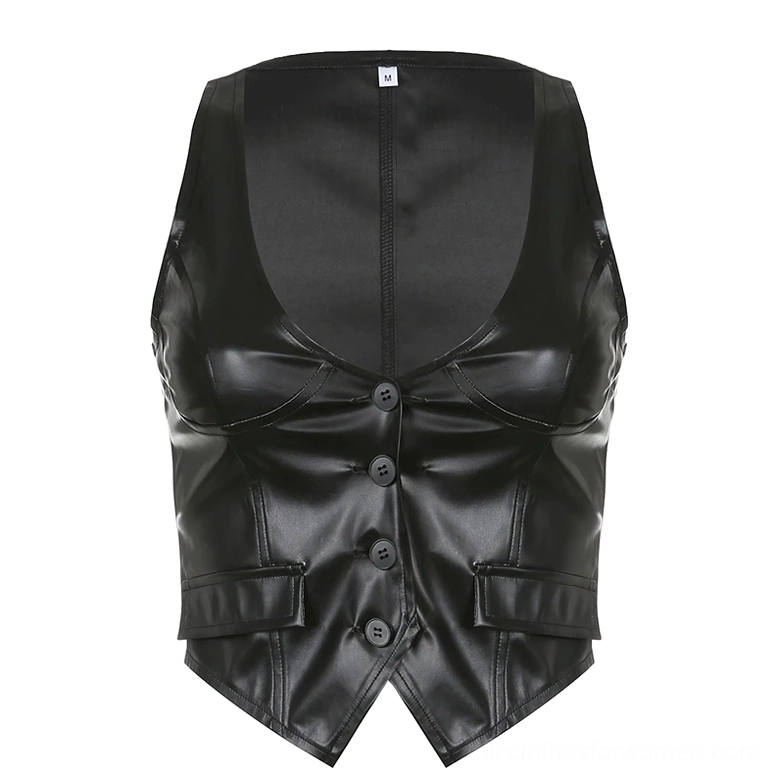 Black PU leather cropped waistcoat flat lay front view, deep V neck and shiny leather texture detail