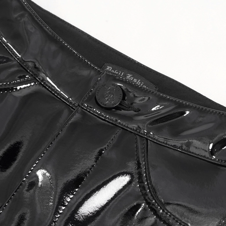 Front waist area of black PU shorts showing button closure and belt loop construction