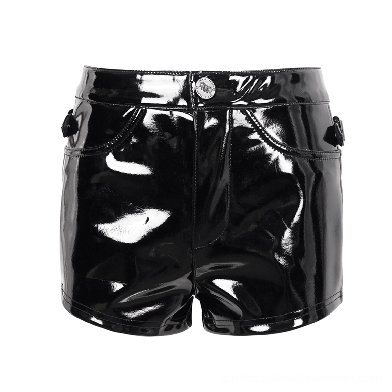 Black PU leather shorts flat lay front view - button closure, belt loops, glossy finish