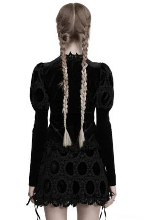 Black gothic velvet lace top with bubble sleeves and scalloped hem, back view showing fitted silhouette