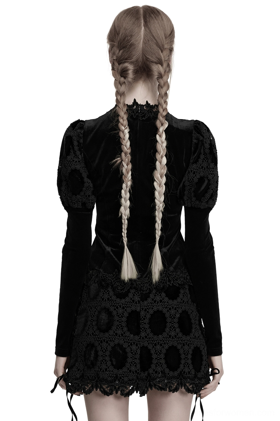 Black gothic velvet lace top with bubble sleeves and scalloped hem, back view showing fitted silhouette