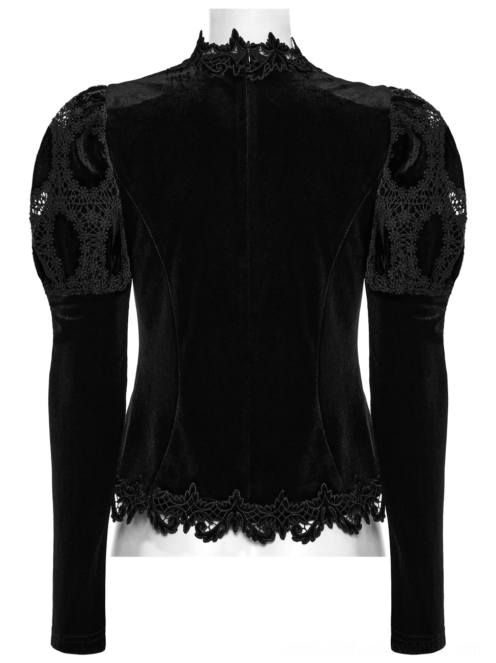 Black gothic velvet puff sleeve top back view showing solid velvet panel and scalloped lace hem