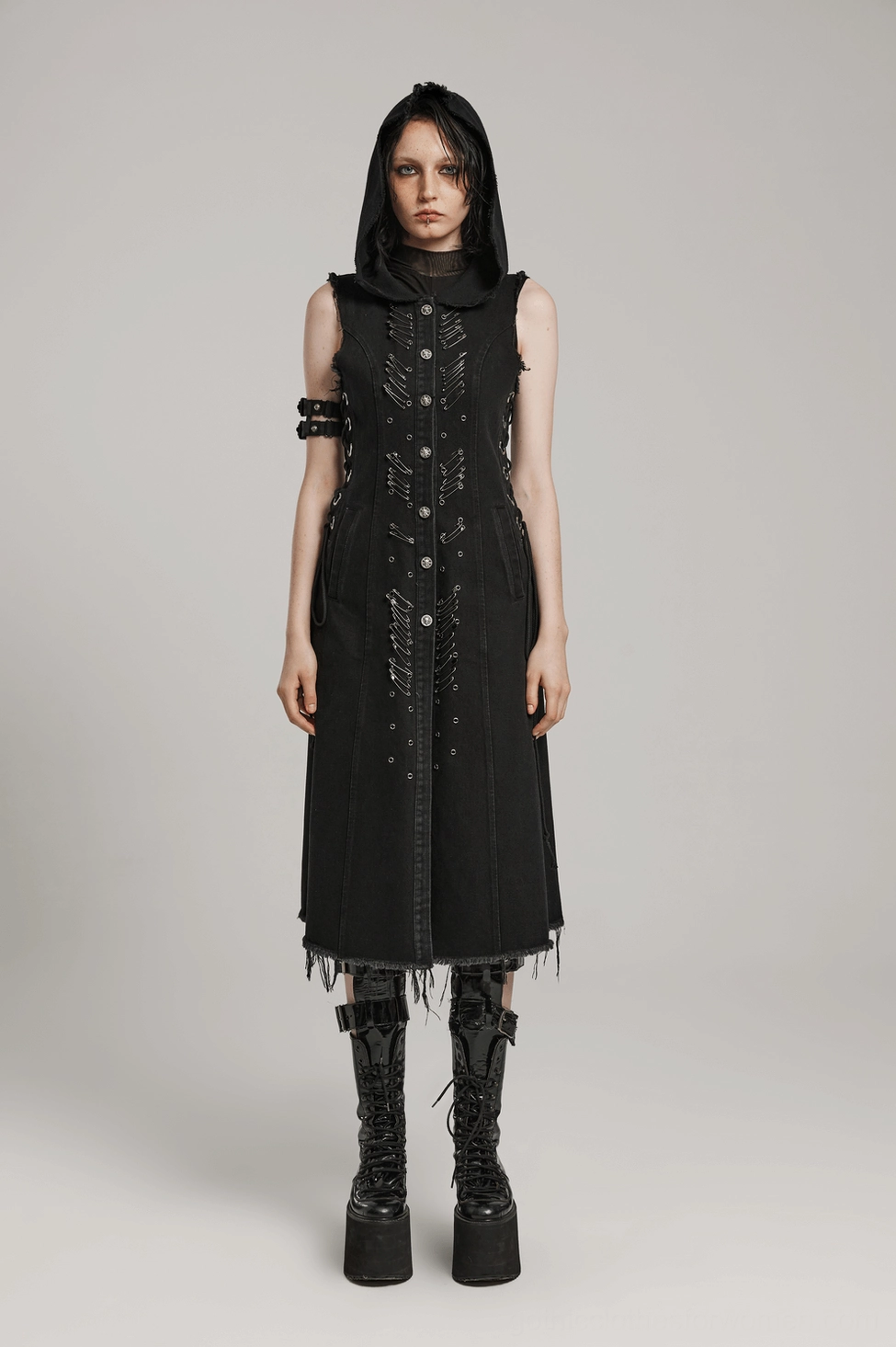 Black punk denim cape alternative angle, raw edge construction and overall aesthetic presentation