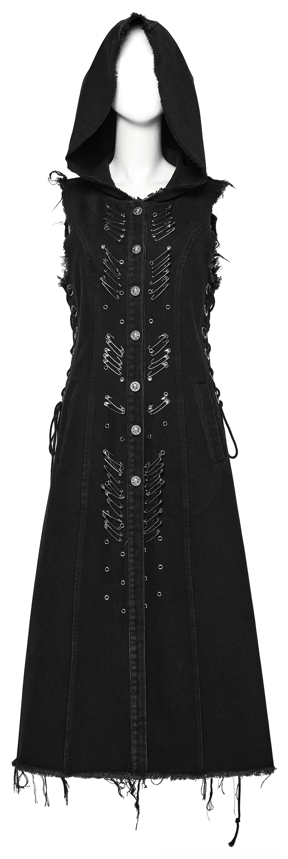 Black punk hooded long denim cape full front mannequin view, front button placket, frayed bottom edge with safety pins