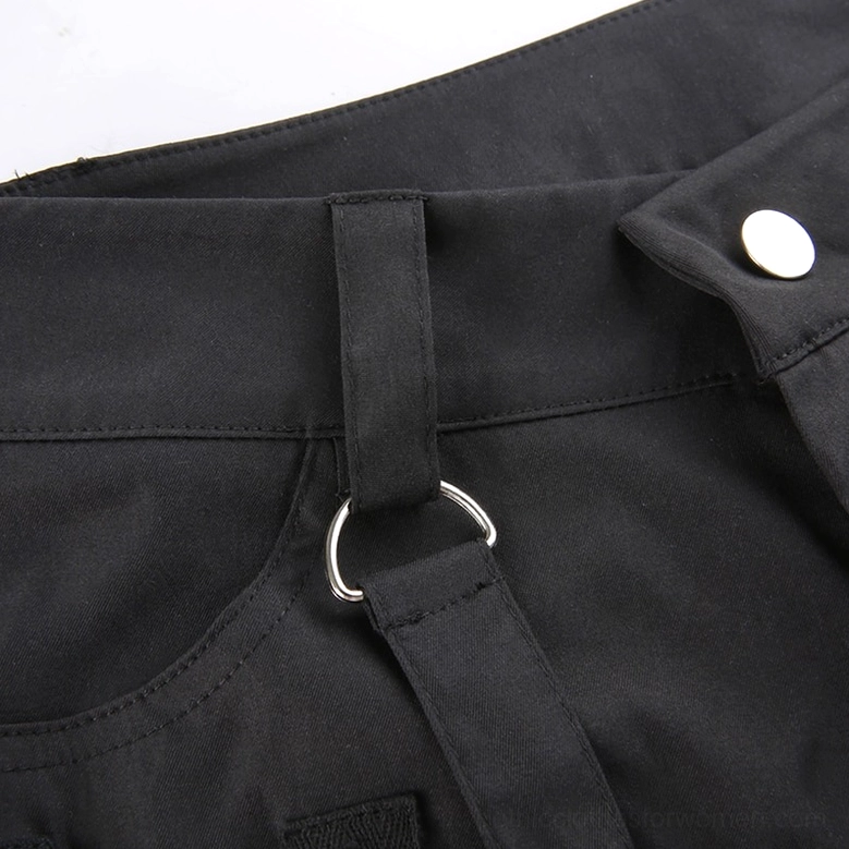Alternative angle of black punk cargo pants with chain embellishments and wide-leg silhouette, highlighting gothic aesthetic