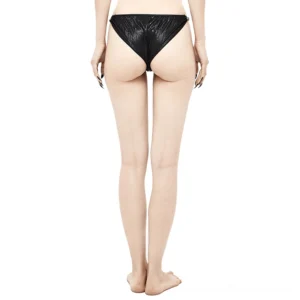 Black punk low-waist bikini bottom back view showing cheeky cut and metallic accents on female model