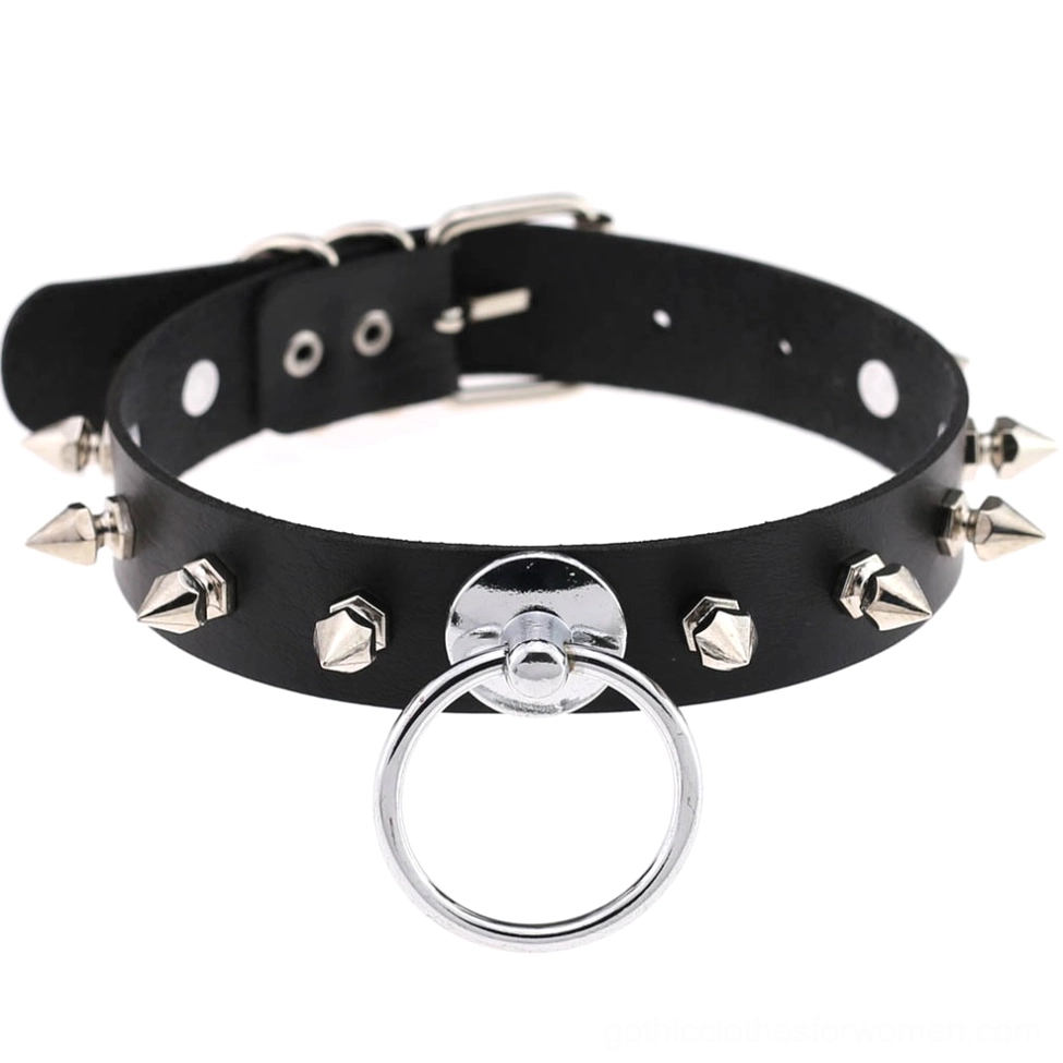 Black spiked PU leather choker necklace with polished metal spikes and large O-ring pendant