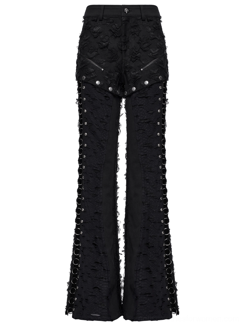 Black gothic pants front flat lay with zipper pockets and O-ring side slits metal studs