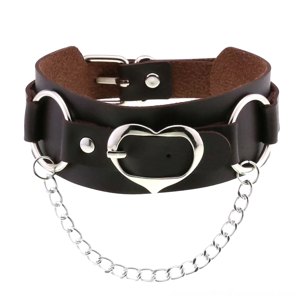 Solid black punk leather choker with metal chain heart buckle and adjustable fastener