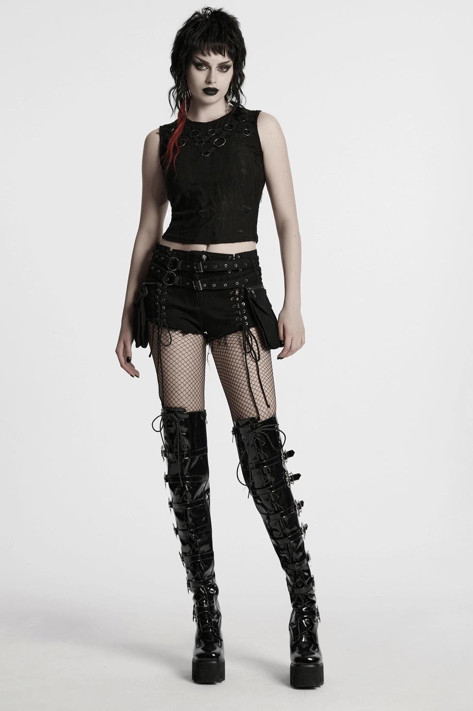 Product showcase of black punk lace-up shorts highlighting edgy design elements and fitted silhouette for alternative fashion