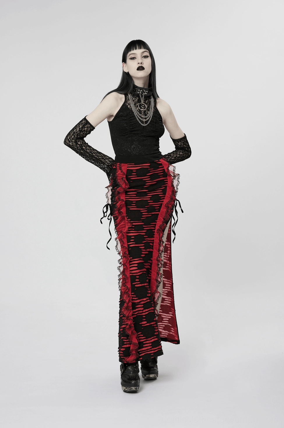 Black python grain gothic choker with rivets and suspended chains, main product view on white background