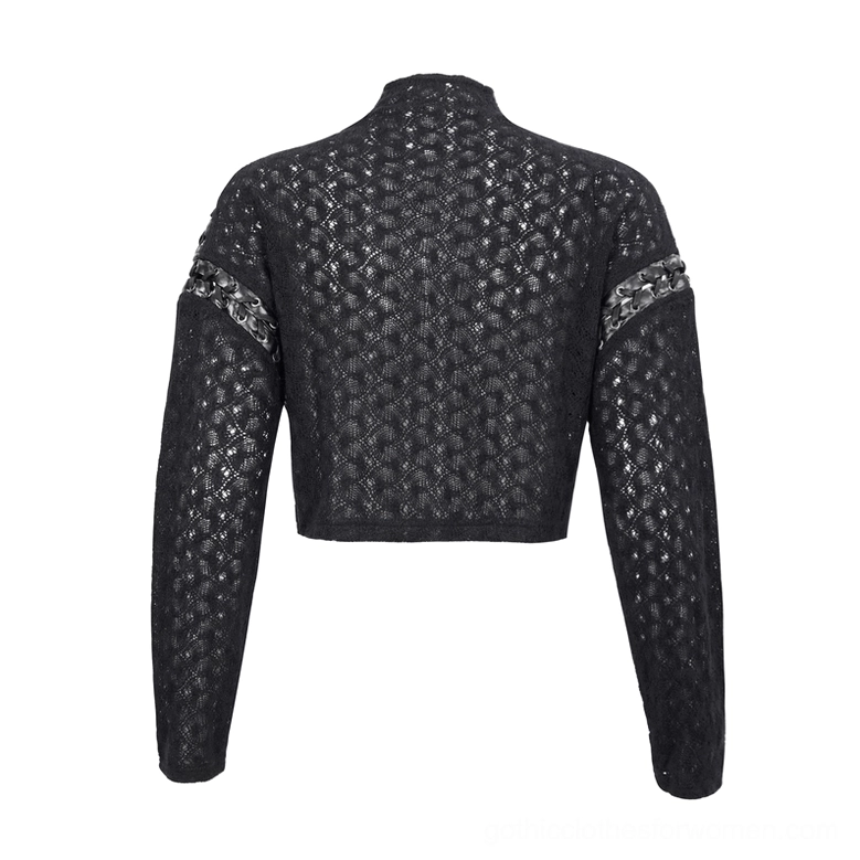 Back flat lay of black gothic quilted cropped top revealing dual chain trims on sleeves and cropped hem line