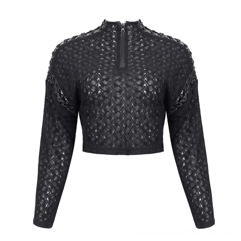 Flat lay of black quilted gothic cropped top displaying half-zip collar detail and shoulder chain embellishments