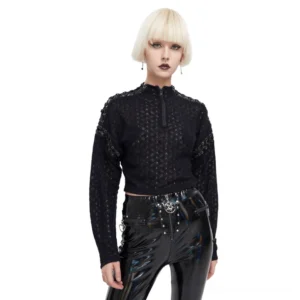 Black quilted zip-up cropped top with chain shoulder trims - front view on model showing half-zip collar and gothic long sleeves