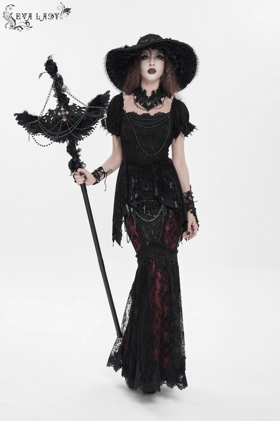 Black raven cross gothic staff showcasing Victorian gothic aesthetic with ornate rose accents and chain details