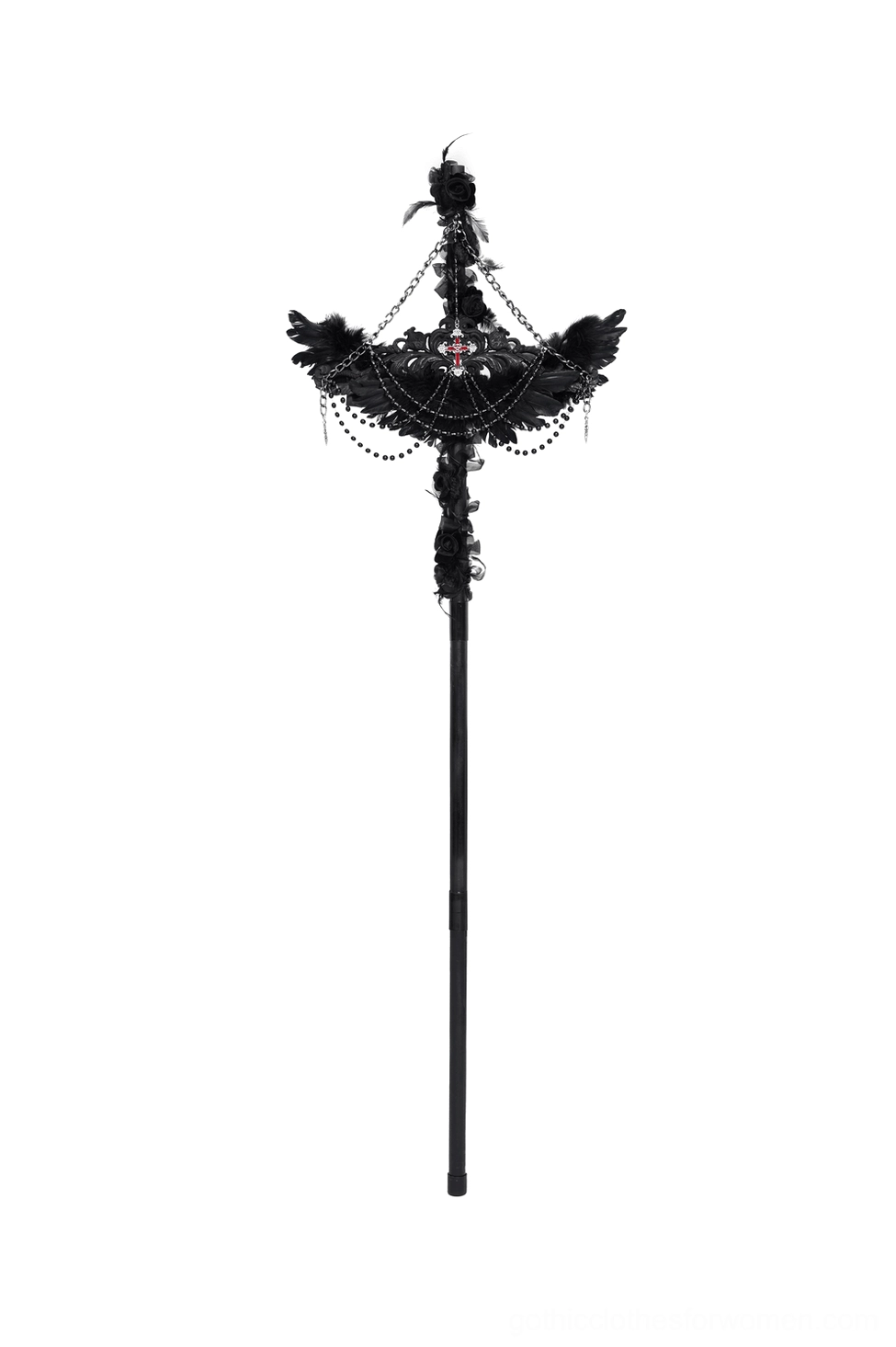 Vertical black raven cross ritual staff displayed front-on with slim design and ornate cross motif
