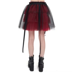 Close-up front view of black and red gothic tulle skirt with ribbon details and bowknot waistband
