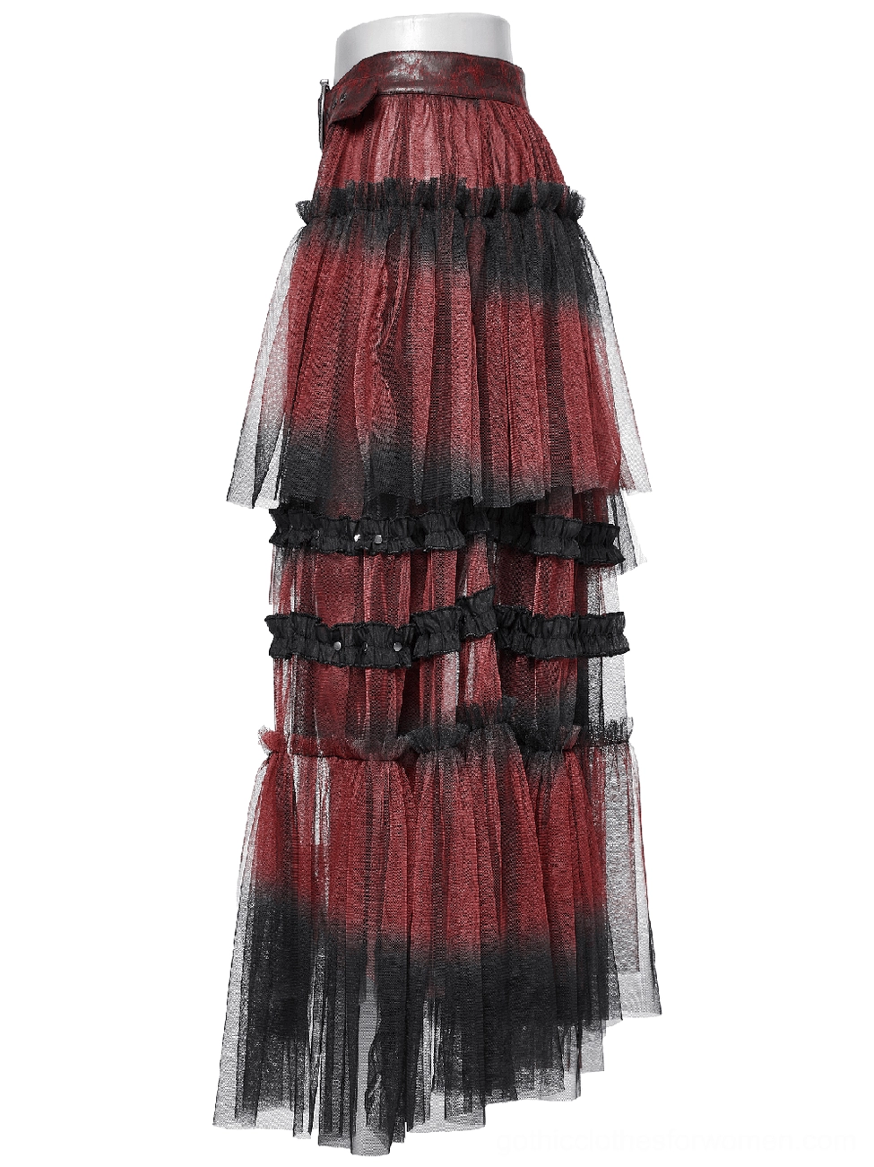 Tiered mesh gothic skirt front view on mannequin highlighting black-burgundy ombre gradient layers