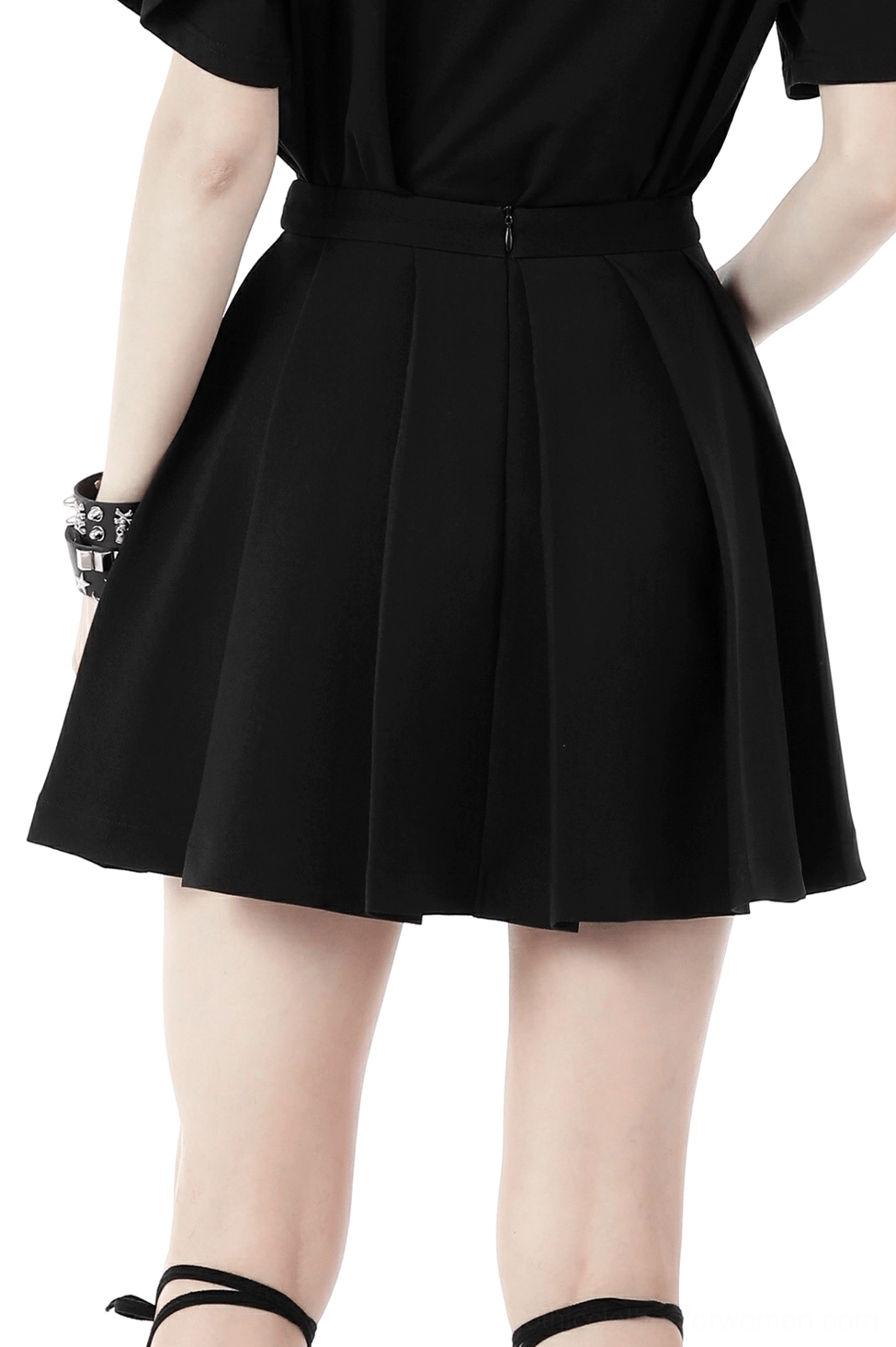Black pleated gothic mini skirt back view showing hidden zipper closure and smooth fabric drape