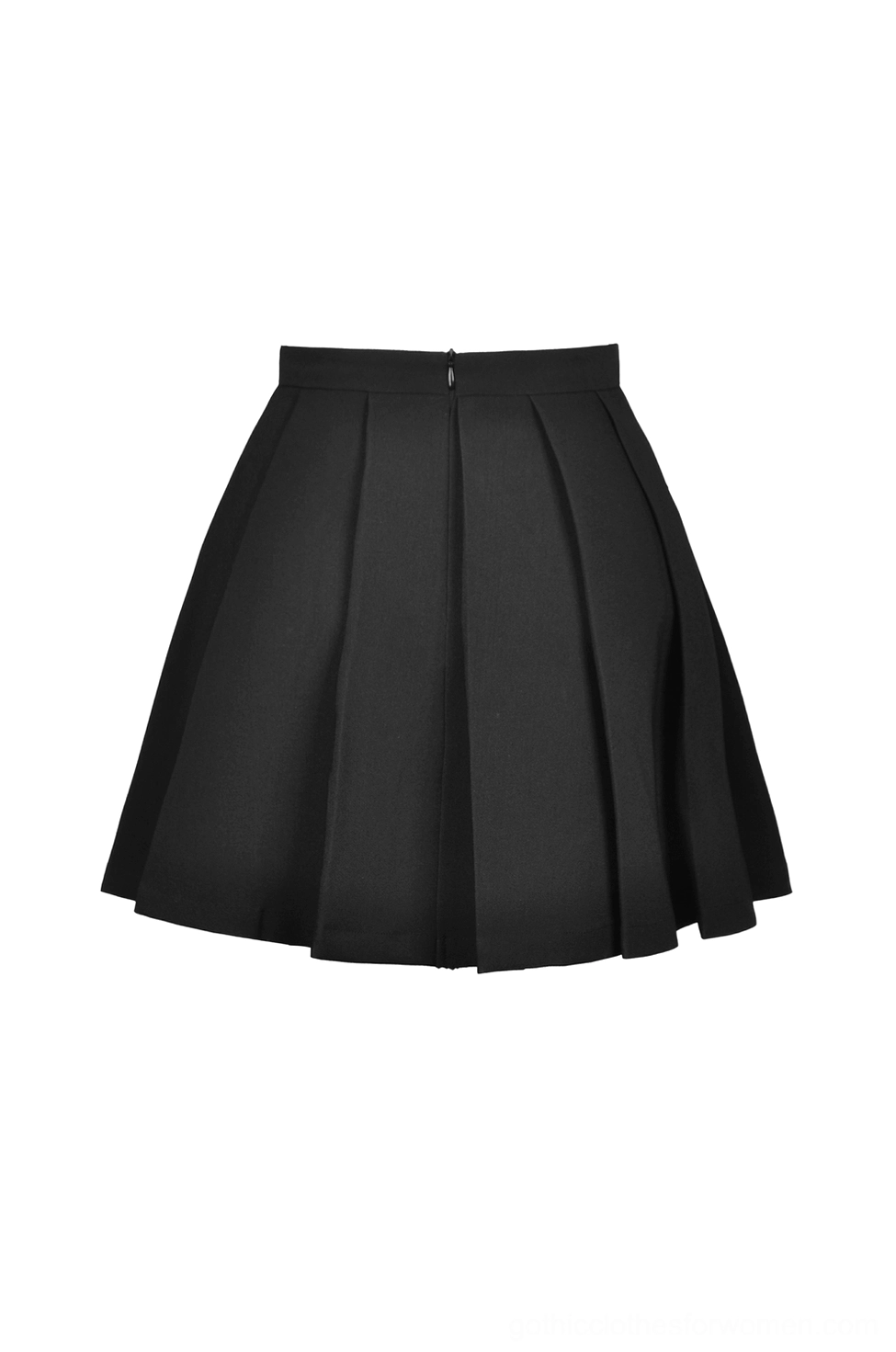 Flat lay of solid black pleated gothic mini skirt showing smooth fabric and hidden back zipper