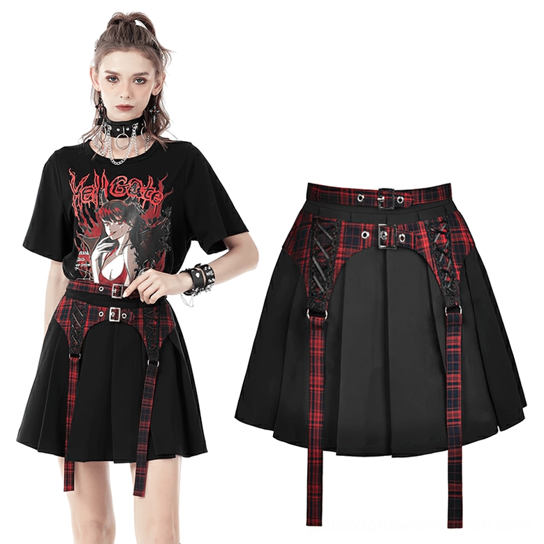 Black and red tartan gothic pleated mini skirt full outfit styling with metal buckles and dual-tone design