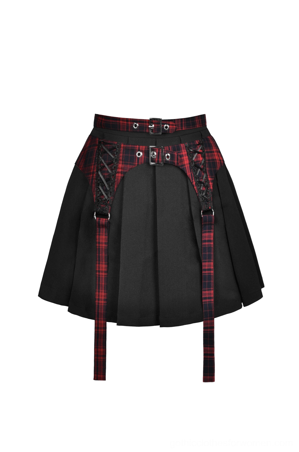 Flat lay of black and red tartan gothic skirt showing metal buckle harness and long strappy details