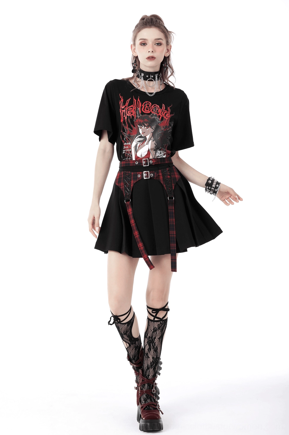 Black and red tartan gothic mini skirt product showcase featuring buckle harness and alternative fashion aesthetic