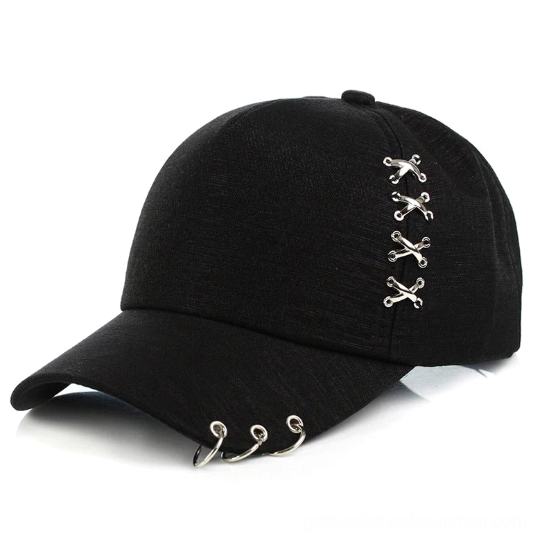 Black textured fabric baseball cap with silver side ring decorations and metal brim hoops