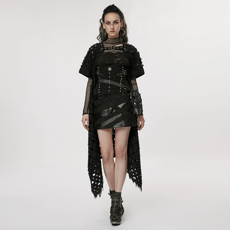 Black ripped cape cardigan showing geometric hollow-out design and short sleeve construction detail
