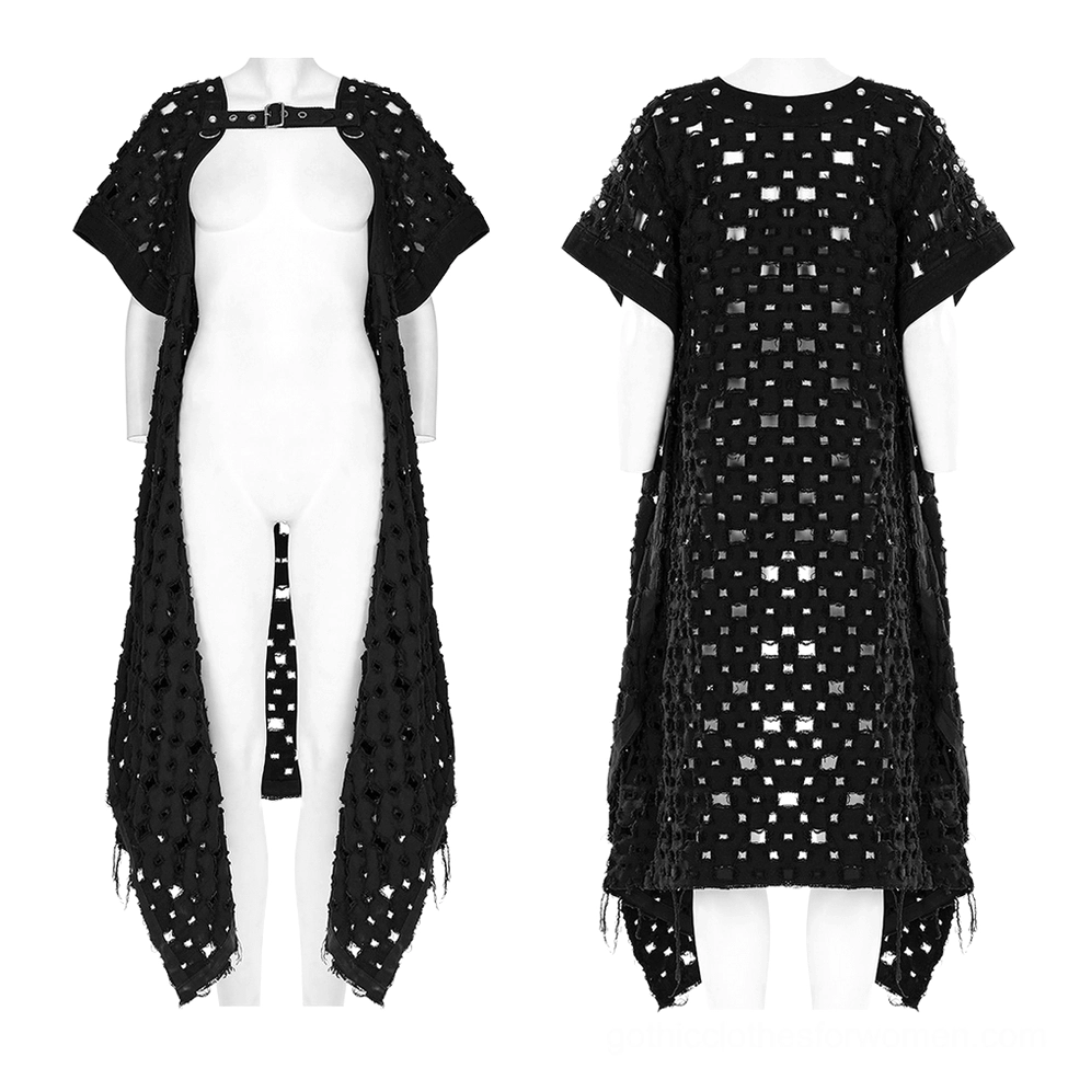 Black ripped cape cardigan with neck buckle harness on display mannequin, front view showing geometric cutouts