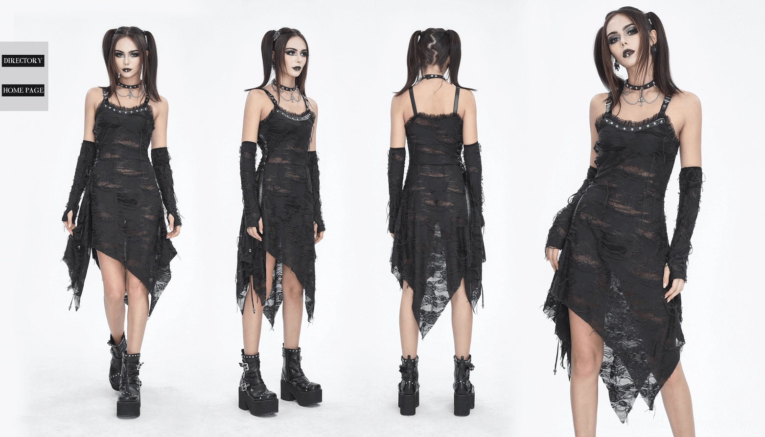Black ripped gothic dress with long gloves maintenance care guide, showing fabric composition and cleaning instructions